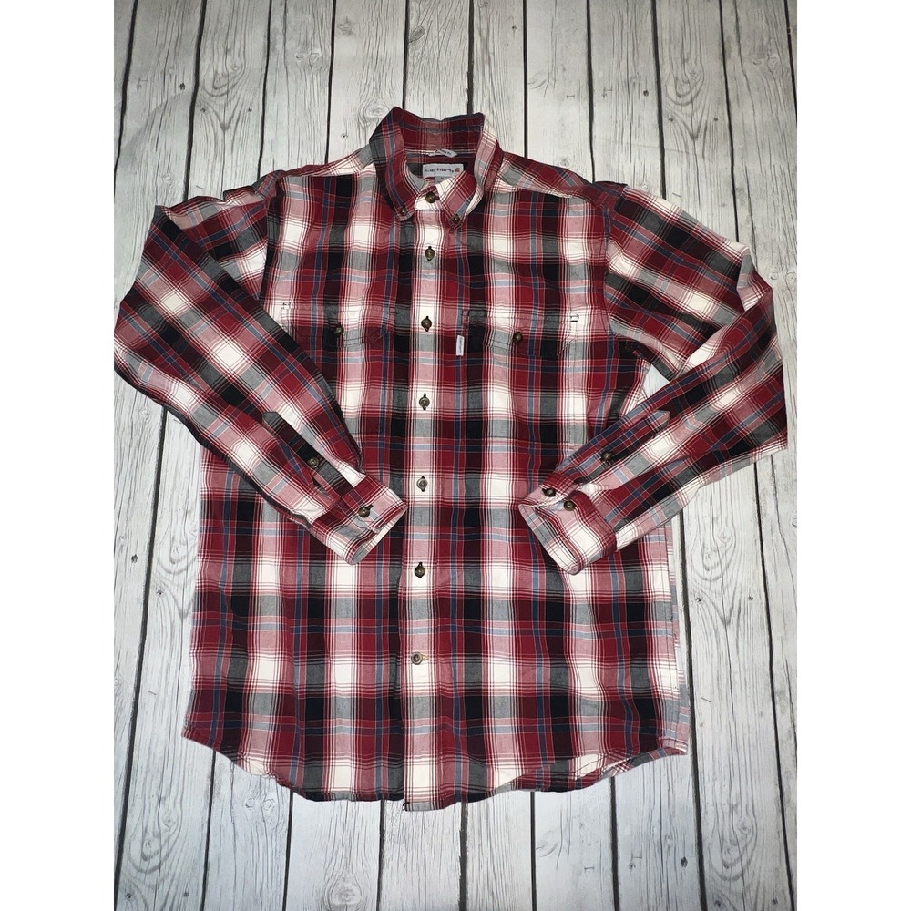 Carhartt Relaxed Fit Medium Thick Cotton Red Plaid Full Button Collared